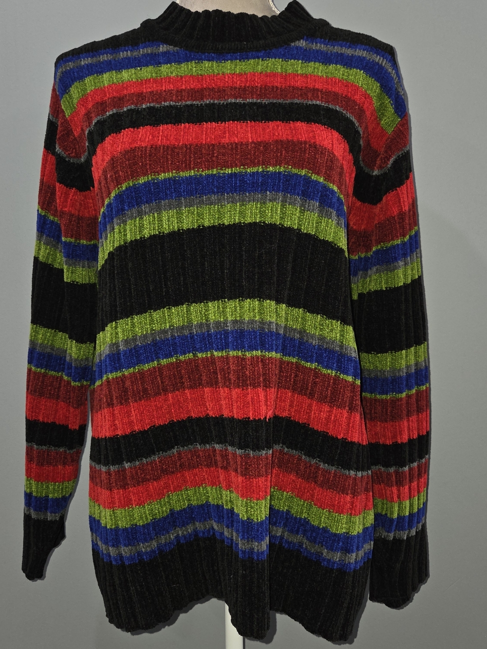 Y2K Colorful Ribbed Sweater in Black, Red, Green & Blue Stripes - Petite Large